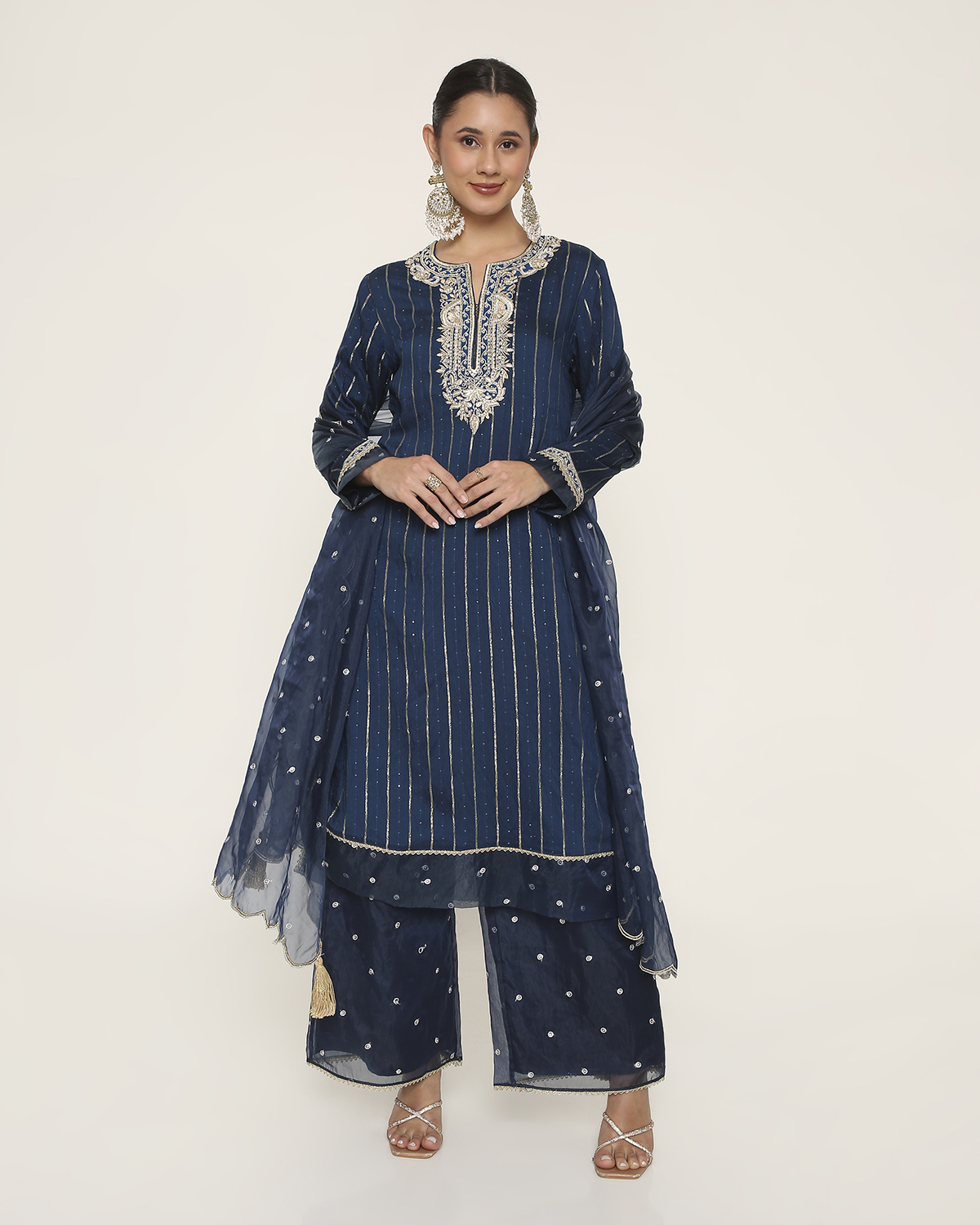 navy blue kurti with palazzo & dupatta