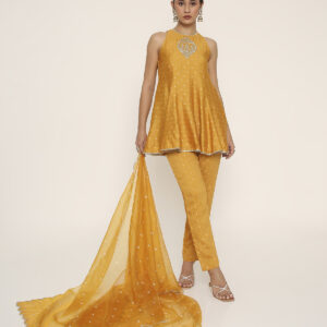 yellow short kurta with pant & dupatta