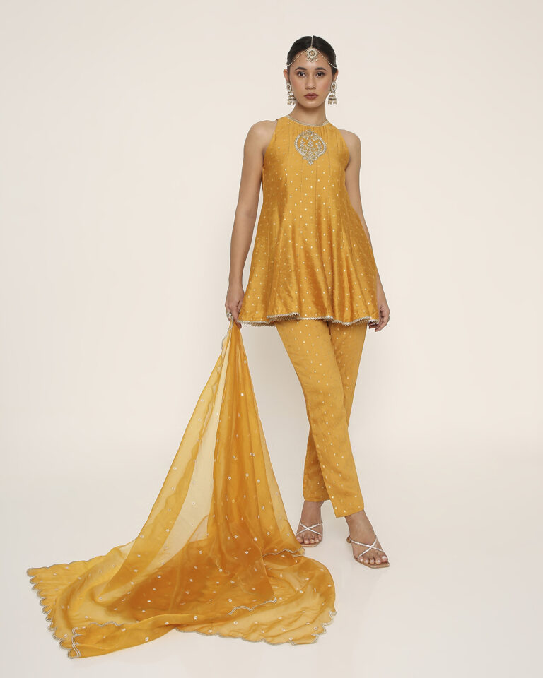 yellow short kurta with pant & dupatta