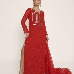 beyza kaftan in red with organza dupatta