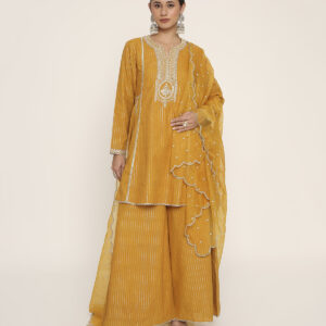 yellow short kurta with palazzo and dupatta