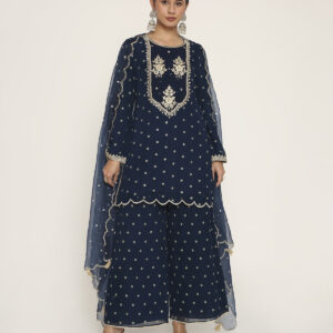 navy blue kurti with palazzo & dupatta