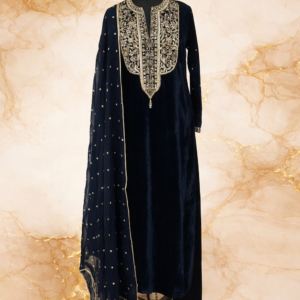 midnight blue velvet kurta with intricate zardozi yoke